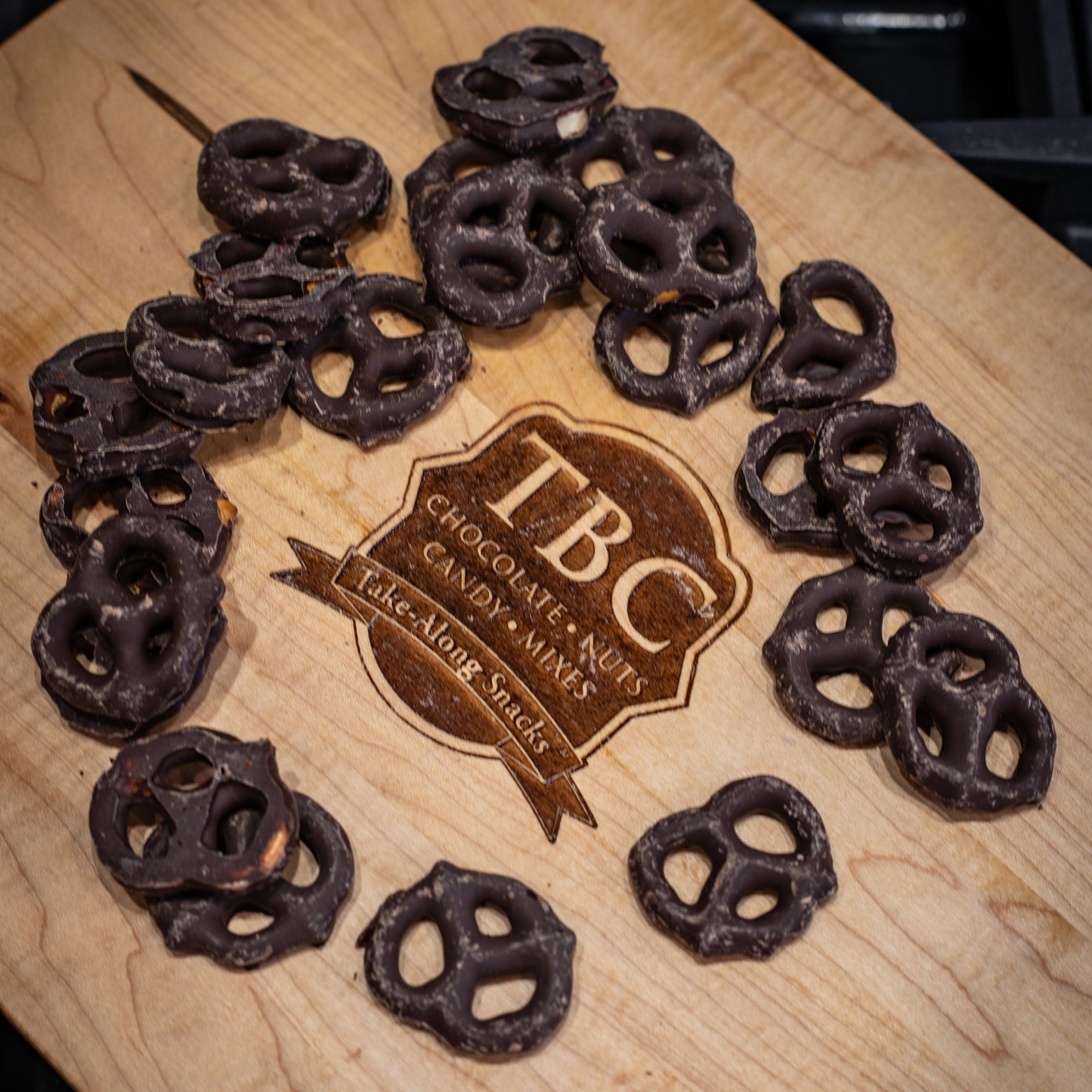 Crunchy pretzels coated in rich dark chocolate.