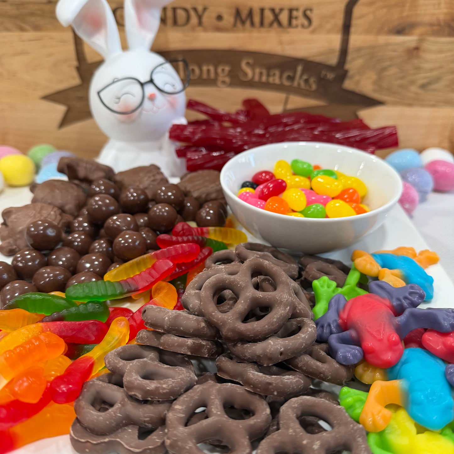 Easter basket assortment of chocolates and gummy Candies. 