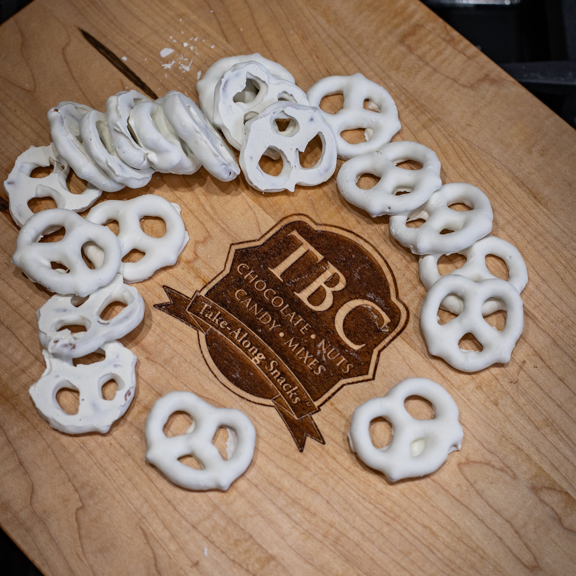 Crunchy pretzels coated in creamy yogurt glaze